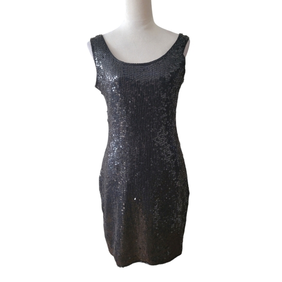 Expressions Black Sequins 100% Silk Sleeveless Dress Size 10 - Picture 1 of 5